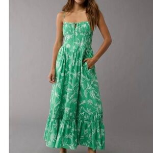 American Eagle Womens Size XS Corset Tiered Midi Dress Floral Tropical Pockets